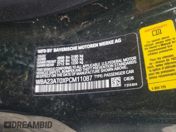 2023 BMW 4 Series 430i with VIN WBA23AT0XPCM11087, listed as a Copart auction lot 54893025 with 35,703 mi miles and Clean title. Bid and sale history available at DreamBid. Image 13.