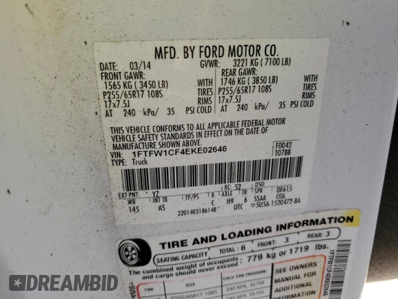 2014 Ford F-150 XL with VIN 1FTFW1CF4EKE02646, listed as a Copart auction lot 47215184 with Not Provided miles and Non Repairable. Bid and sale history available at DreamBid. Image 12.
