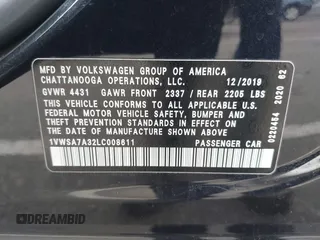 2020 Volkswagen Passat 2.0T SE with VIN 1VWSA7A32LC008611, listed as a IAAI auction lot 41912651 with 104,014 mi miles. Bid and sale history available at carsss.com. Image 9.