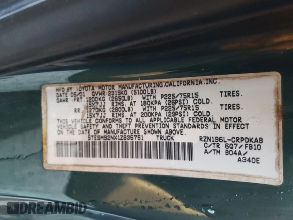 2001 Toyota Tacoma PreRunner with VIN 5TESM92NX1Z836751, listed as a Copart auction lot 48684885 with Not provided miles and Salvage title. Bid and sale history available at DreamBid. Image 15.
