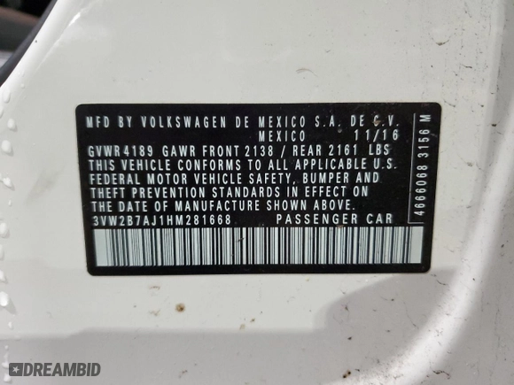 2017 Volkswagen Jetta 1.4T S with VIN 3VW2B7AJ1HM281668, listed as a Copart auction lot 52998505 with 78,832 mi miles and Clean Title. Bid and sale history available at carsss.com. Image 12.
