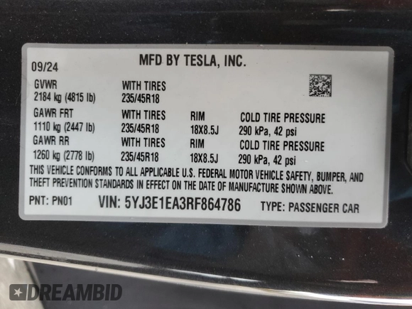 2024 Tesla Model 3 z VIN 5YJ3E1EA3RF864786, wystawiony jako Copart lot #48221855 z przebiegiem 1 750 mil mil oraz Szkoda całkowita • Salvage title. Historia ofert i sprzedaży dostępna na DreamBid. Obrazek 15.