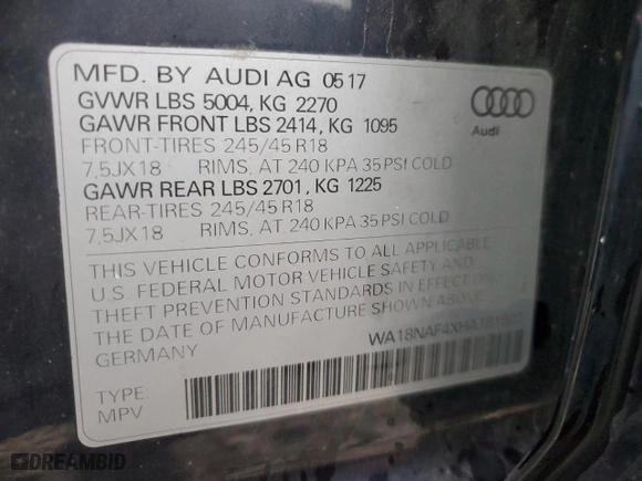 2017 Audi allroad Premium Plus with VIN WA18NAF4XHA181502, listed as a Copart auction lot 44098244 with 106,849 mi miles. Bid and sale history available at carsss.com. Image 12.