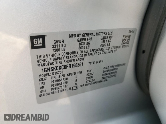 2015 Chevrolet Tahoe LTZ z VIN 1GNSKCKC0FR198361, wystawiony jako Copart lot #54220155 z przebiegiem 176 429 mil mil oraz Szkoda całkowita • Salvage title. Historia ofert i sprzedaży dostępna na DreamBid. Obrazek 13.
