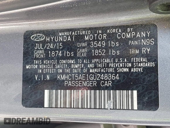2016 Hyundai Accent SE with VIN KMHCT5AE1GU248364, listed as a IAAI auction lot 42072426 with 107,470 mi miles and . Bid and sale history available at carsss.com. Image 9.