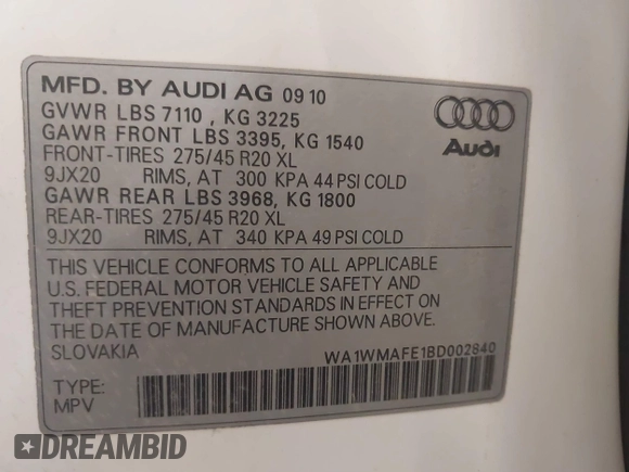 2011 Audi Q7 3.0L TDI Prestige with VIN WA1WMAFE1BD002840, listed as a IAAI auction lot 41537638 with 196,088 mi miles. Bid and sale history available at carsss.com. Image 9.
