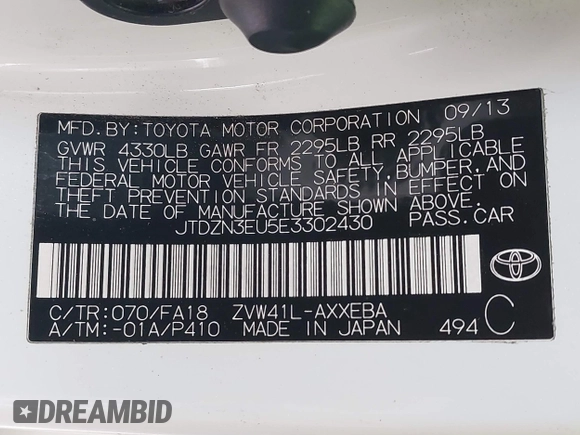 2014 Toyota Prius Two с VIN JTDZN3EU5E3302430, выставлен на аукционе IAAI как лот 41598749 с пробегом 165 886 миль миль и . История ставок и продаж доступна на DreamBid. Изображение 9.