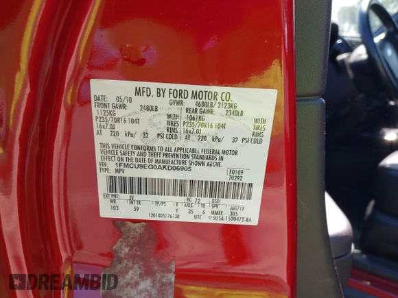 2010 Ford Escape Limited с VIN 1FMCU9EG0AKD06905, выставлен на аукционе IAAI как лот 42389127 с пробегом 116 672 миль миль и . История ставок и продаж доступна на DreamBid. Изображение 9.