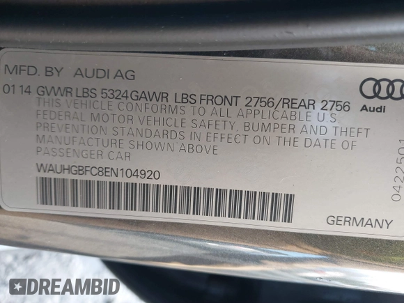 2014 Audi A6 Prestige with VIN WAUHGBFC8EN104920, listed as a IAAI auction lot 41827864 with 70,289 mi miles and . Bid and sale history available at DreamBid. Image 9.