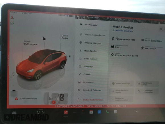 2022 Tesla Model Y Long Range with VIN 7SAYGDEE1NF458443, listed as a Copart auction lot 46497265 with 59,721 mi miles and Salvage Title. Bid and sale history available at carsss.com. Image 9.