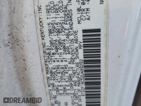 2002 Toyota Sienna CE z VIN 4T3ZF19C52U489292, wystawiony jako Copart lot #87187184 z przebiegiem Nie podano mil oraz Szkoda całkowita • Salvage title. Historia ofert i sprzedaży dostępna na DreamBid. Obrazek 13.