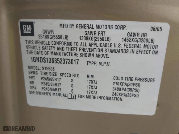 2005 Chevrolet TrailBlazer LS with VIN 1GNDS13S352373017, listed as a IAAI auction lot 41603652 with 95,079 mi miles. Bid and sale history available at carsss.com. Image 9.