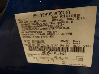 2020 Ford EcoSport SE with VIN MAJ6S3GL1LC316201, listed as a IAAI auction lot 41496100 with 33,406 mi miles and . Bid and sale history available at DreamBid. Image 9.