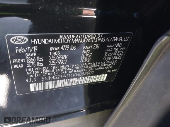 2019 Hyundai Santa Fe SE with VIN 5NMS23AD4KH088902, listed as a IAAI auction lot 42044465 with 34,302 mi miles and . Bid and sale history available at DreamBid. Image 9.