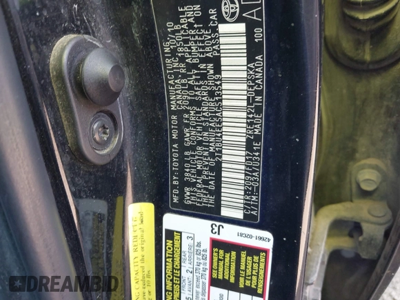 2010 Toyota Corolla with VIN 2T1BU4EE5AC513549, listed as a IAAI auction lot 41780887 with 136,392 mi miles. Bid and sale history available at carsss.com. Image 9.