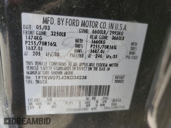 2003 Ford F-150 XLT with VIN 1FTRW07L43KD34238, listed as a Copart auction lot 46298955 with 262,944 mi miles and Clean Title. Bid and sale history available at carsss.com. Image 14.