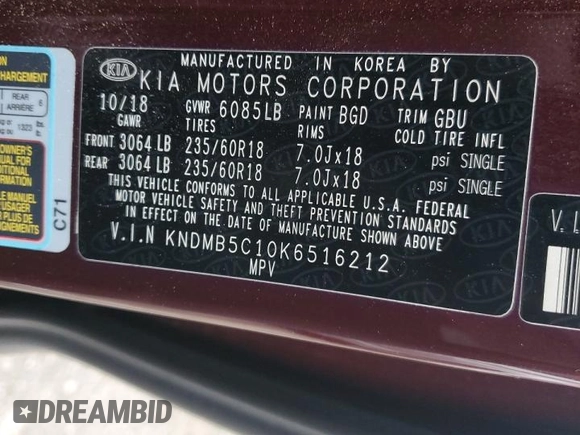 2019 Kia Sedona EX with VIN KNDMB5C10K6516212, listed as a Copart auction lot 86363854 with 67,144 mi miles and Salvage Title. Bid and sale history available at carsss.com. Image 13.