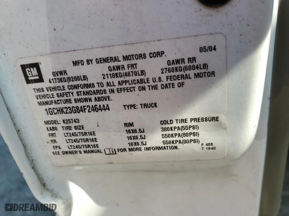 2004 Chevrolet Silverado 2500HD LS with VIN 1GCHK23G84F246444, listed as a Copart auction lot 70602064 with NaN miles and Salvage Title. Bid and sale history available at carsss.com. Image 12.