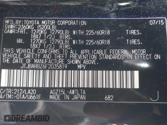 2015 Lexus NX 200t with VIN JTJBARBZ6F2035819, listed as a IAAI auction lot 42021021 with 134,362 mi miles and . Bid and sale history available at DreamBid. Image 9.
