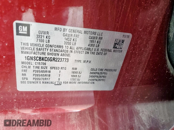 2016 Chevrolet Tahoe LT z VIN 1GNSCBKC6GR223773, wystawiony jako Copart lot #53077505 z przebiegiem 102 608 mil mil oraz Szkoda całkowita • Salvage title. Historia ofert i sprzedaży dostępna na DreamBid. Obrazek 13.