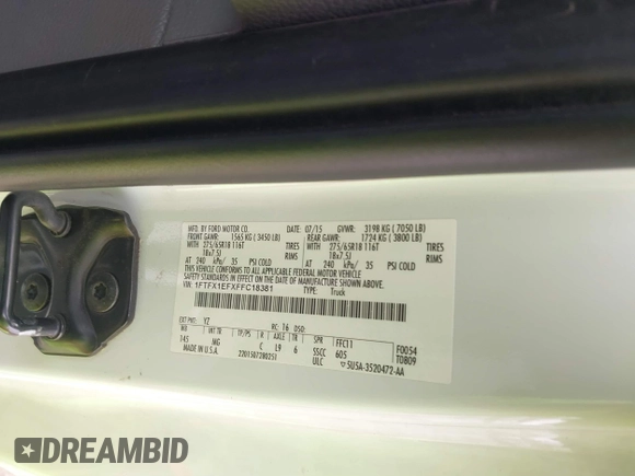 2015 Ford F-150 XLT with VIN 1FTFX1EFXFFC18381, listed as a IAAI auction lot 41886719 with 162,644 mi miles and . Bid and sale history available at DreamBid. Image 9.