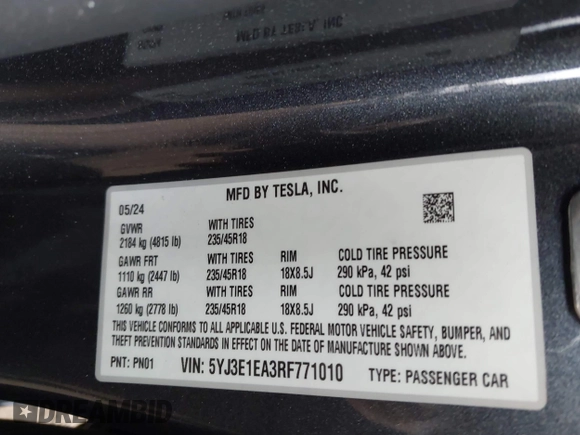 2024 Tesla Model 3 z VIN 5YJ3E1EA3RF771010, wystawiony jako IAAI lot #41738109 z przebiegiem 8 493 mil mil oraz . Historia ofert i sprzedaży dostępna na DreamBid. Obrazek 9.