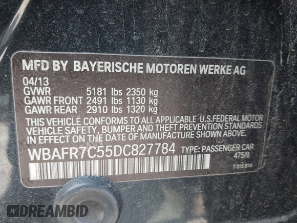 2013 BMW 5 Series 535i with VIN WBAFR7C55DC827784, listed as a IAAI auction lot 42084606 with 143,845 mi miles and . Bid and sale history available at DreamBid. Image 9.
