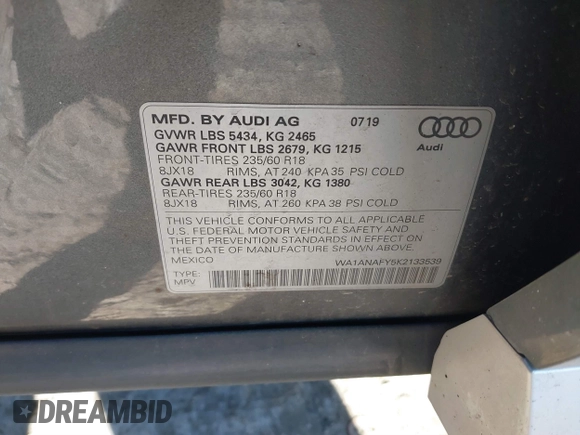 2019 Audi Q5 Premium with VIN WA1ANAFY5K2133539, listed as a IAAI auction lot 41821732 with 79,132 mi miles. Bid and sale history available at carsss.com. Image 9.