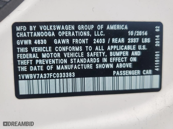 2015 Volkswagen Passat 2.0L TDI SE w/Sunroof with VIN 1VWBV7A37FC033383, listed as a Copart auction lot 51466175 with 119,889 mi miles and Clean Title. Bid and sale history available at carsss.com. Image 12.