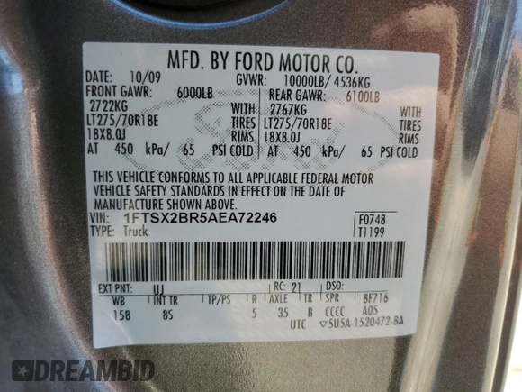 2010 Ford F-250 XL z VIN 1FTSX2BR5AEA72246, wystawiony jako Copart lot #63031345 z przebiegiem 183 466 mil mil oraz Czysty tytuł • Clean title. Historia ofert i sprzedaży dostępna na DreamBid. Obrazek 12.