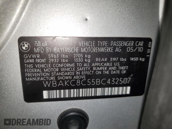 2011 BMW 7 Series 750Li xDrive with VIN WBAKC8C55BC432507, listed as a Copart auction lot 87176974 with 171,310 mi miles and Clean Title. Bid and sale history available at carsss.com. Image 12.