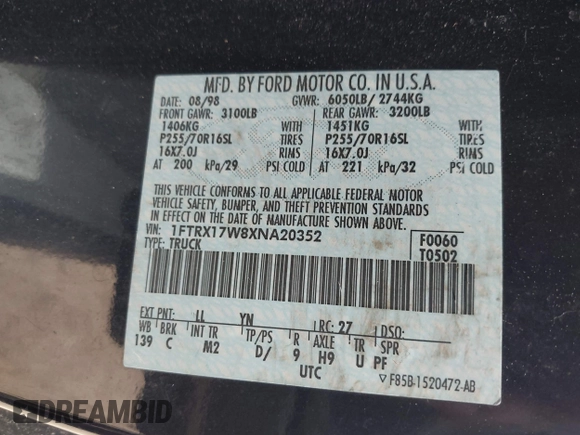 1999 Ford F-150 with VIN 1FTRX17W8XNA20352, listed as a IAAI auction lot 42485616 with 208,142 mi miles and . Bid and sale history available at DreamBid. Image 9.