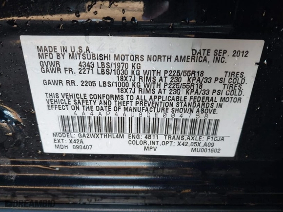 2013 Mitsubishi Outlander Sport SE with VIN 4A4AP4AU8DE004758, listed as a IAAI auction lot 41819216 with 231,048 mi miles. Bid and sale history available at carsss.com. Image 9.