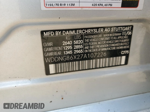 2007 Mercedes-Benz S 550 with VIN WDDNG86X27A107226, listed as a Copart auction lot 59608525 with Not provided miles and Clean title. Bid and sale history available at DreamBid. Image 12.