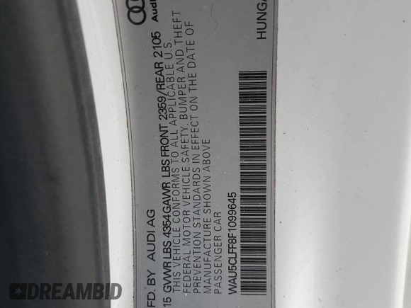 2015 Audi A3 1.8T Premium Plus with VIN WAU5CLFF8F1099645, listed as a Copart auction lot 43470255 with 83,301 mi miles and Salvage Title. Bid and sale history available at carsss.com. Image 14.