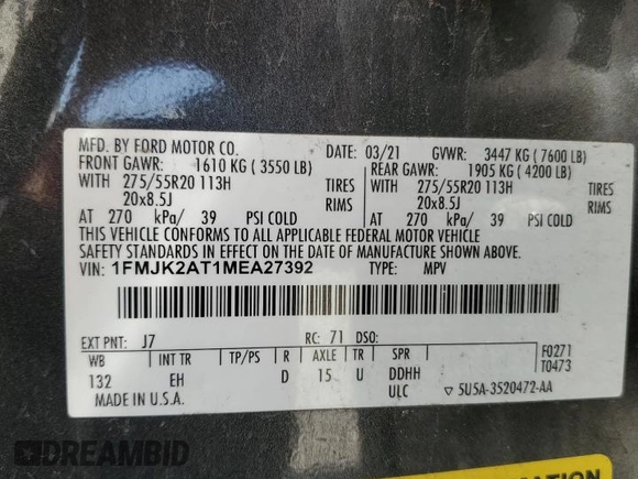 2021 Ford Expedition Max Limited с VIN 1FMJK2AT1MEA27392, выставлен на аукционе Copart как лот 59051695 с пробегом 142 679 миль миль и Чистый • Clean title. История ставок и продаж доступна на DreamBid. Изображение 12.