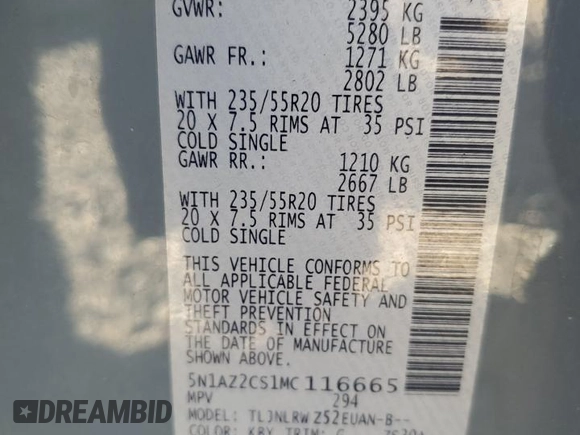 2021 Nissan Murano SL with VIN 5N1AZ2CS1MC116665, listed as a Copart auction lot 89251285 with 74,249 mi miles and Salvage Title. Bid and sale history available at DreamBid. Image 15.