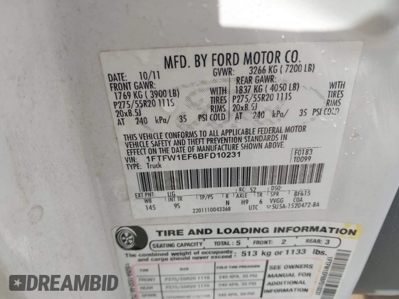 2011 Ford F-150 XL with VIN 1FTFW1EF6BFD10231, listed as a IAAI auction lot 41500916 with 328,527 mi miles. Bid and sale history available at carsss.com. Image 9.