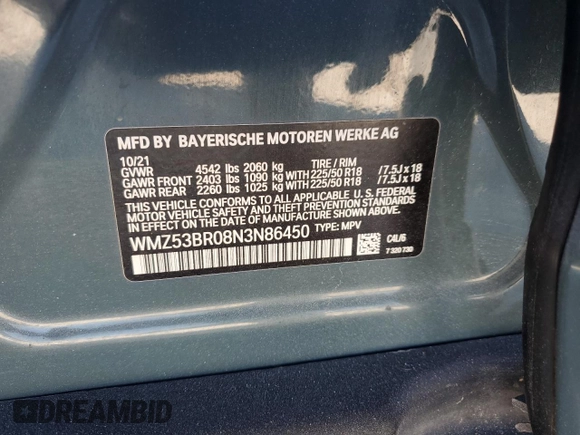 2022 MINI Countryman Cooper S with VIN WMZ53BR08N3N86450, listed as a Copart auction lot 83479554 with Not provided miles and Salvage title. Bid and sale history available at DreamBid. Image 13.