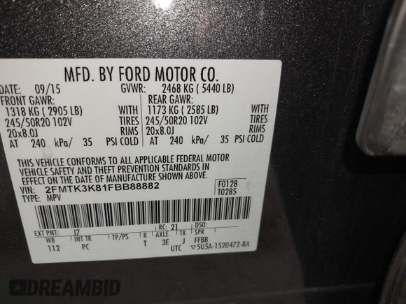 2015 Ford Edge Titanium z VIN 2FMTK3K81FBB88882, wystawiony jako IAAI lot #42184698 z przebiegiem 161 858 mil mil oraz . Historia ofert i sprzedaży dostępna na DreamBid. Obrazek 9.