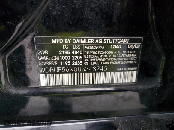 2008 Mercedes-Benz E-Class Luxury 3.5L with VIN WDBUF56X08B343245, listed as a Copart auction lot 51619155 with 194,006 mi miles and Salvage Title. Bid and sale history available at carsss.com. Image 12.