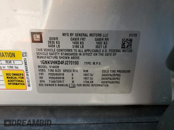 2015 Chevrolet Traverse LT with VIN 1GNKVHKD4FJ270190, listed as a Copart auction lot 58869205 with 155,142 mi miles and Salvage title. Bid and sale history available at DreamBid. Image 14.