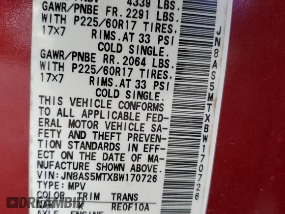 2011 Nissan Rogue SV with VIN JN8AS5MTXBW170726, listed as a Copart auction lot 54192245 with 170,821 mi miles and Clean Title. Bid and sale history available at carsss.com. Image 13.
