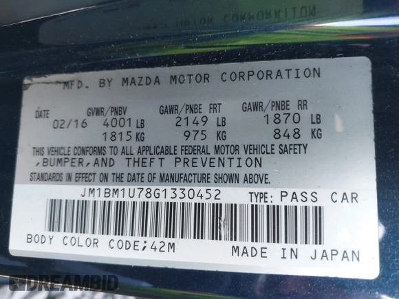 2016 Mazda 3 i Sport with VIN JM1BM1U78G1330452, listed as a IAAI auction lot 41934800 with 111,688 mi miles and . Bid and sale history available at carsss.com. Image 9.
