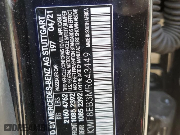 2021 Mercedes-Benz C 300 with VIN W1KWF8EB3MR643449, listed as a Copart auction lot 53101365 with 38,631 mi miles and Salvage title. Bid and sale history available at DreamBid. Image 13.