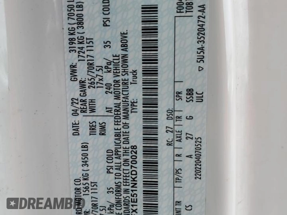 2022 Ford F-150 XL с VIN 1FTFX1E51NKD70028, выставлен на аукционе Copart как лот 46151695 с пробегом 140 068 миль миль и Списание • Salvage title. История ставок и продаж доступна на DreamBid. Изображение 13.