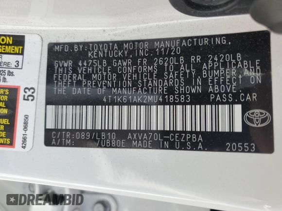2021 Toyota Camry XSE z VIN 4T1K61AK2MU418583, wystawiony jako Copart lot #54858495 z przebiegiem 43 662 mil mil oraz Nie do naprawy • Non repairable. Historia ofert i sprzedaży dostępna na DreamBid. Obrazek 12.
