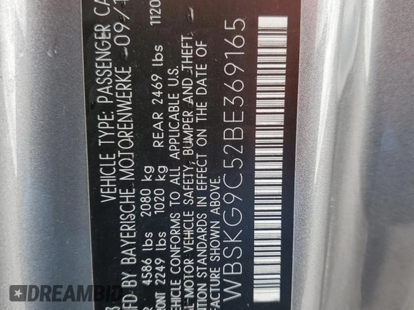2011 BMW M3 with VIN WBSKG9C52BE369165, listed as a Copart auction lot 55765154 with Not provided miles and Salvage title. Bid and sale history available at DreamBid. Image 13.