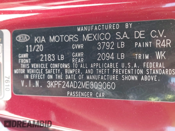 2021 Kia Forte LXS z VIN 3KPF24AD2ME309060, wystawiony jako IAAI lot #42220259 z przebiegiem 79 298 mil mil oraz . Historia ofert i sprzedaży dostępna na DreamBid. Obrazek 9.