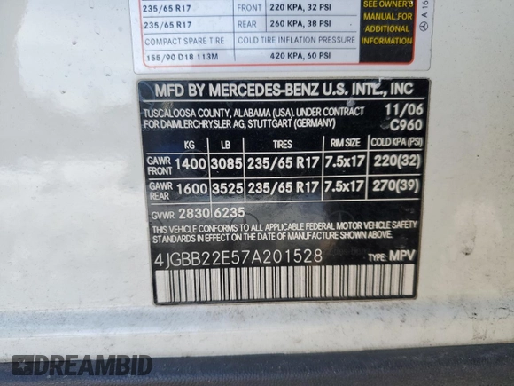 2007 Mercedes-Benz M 320 CDI with VIN 4JGBB22E57A201528, listed as a Copart auction lot 45132915 with Not Provided miles and Salvage Title. Bid and sale history available at carsss.com. Image 13.